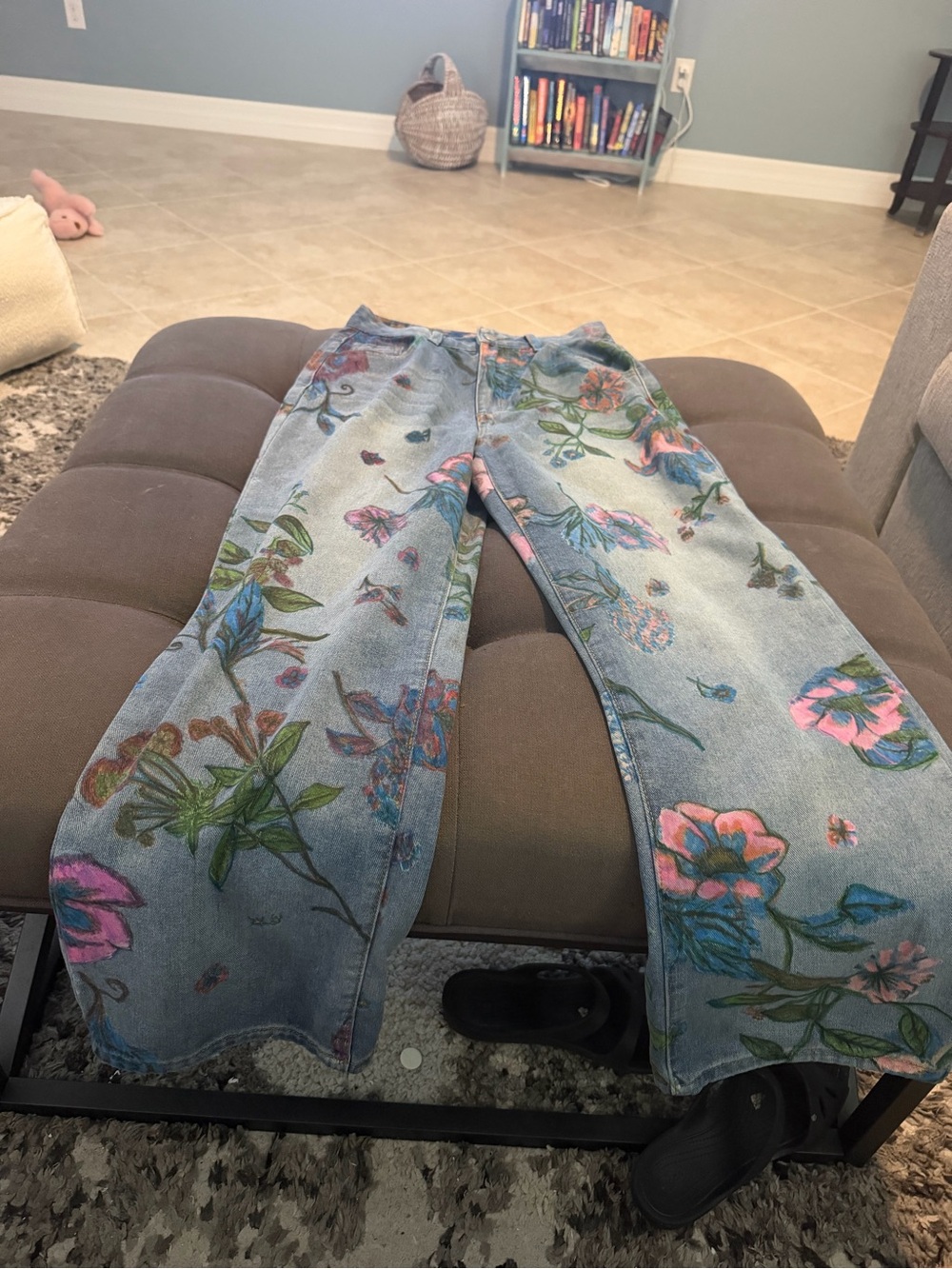 SHEIN Blue Floral Wide-Leg Jeans with Pink Accents